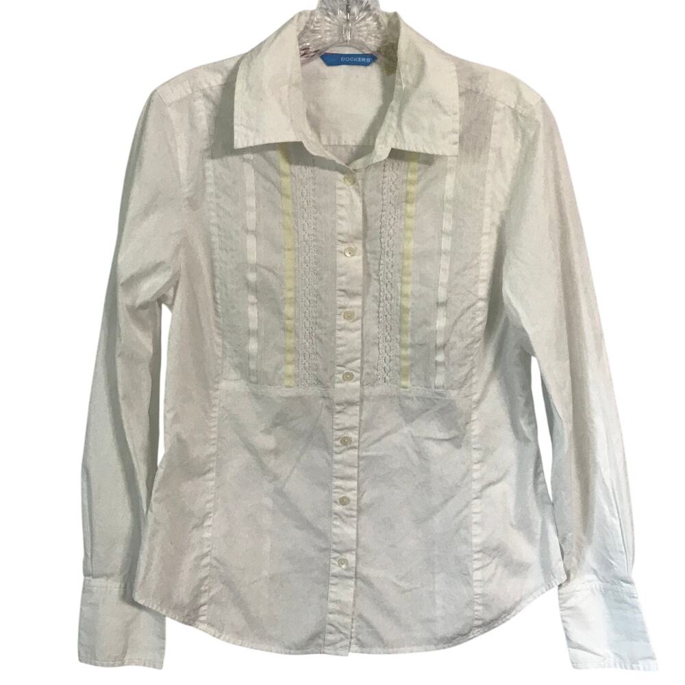 Dockers Blouse Medium Womens Long Sleeve Button Up Lace Velvet Ribbon White Med